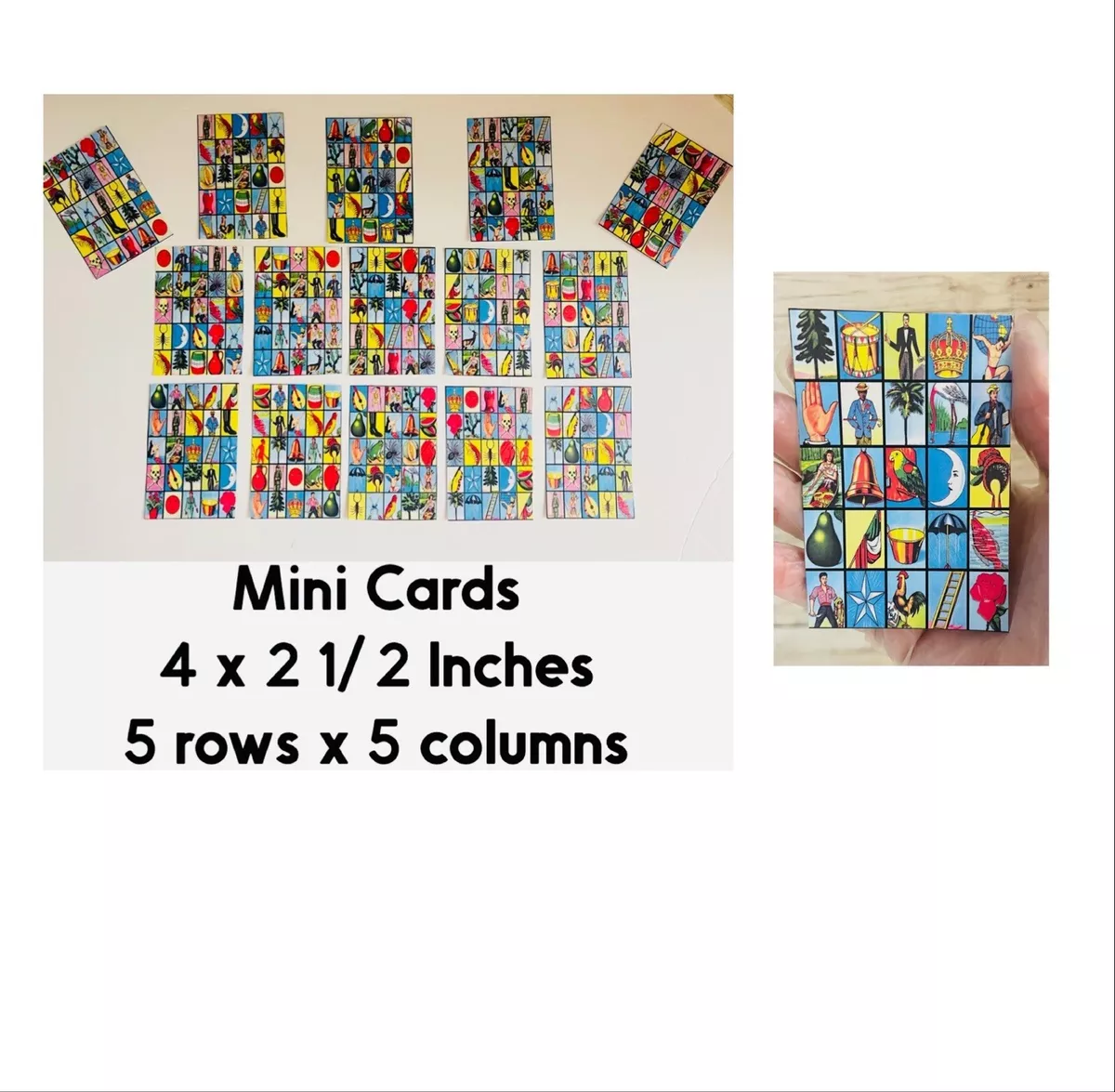 10 Mini Loteria Mexican Cards 5 Rows x 5 Columns 4 x 2 1/2 In Cartas De  Lotería