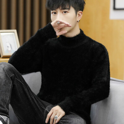 Mens Mohair Knitted Jumper Roll Neck Warm Furry Winter Bear T-Shirt Red/White