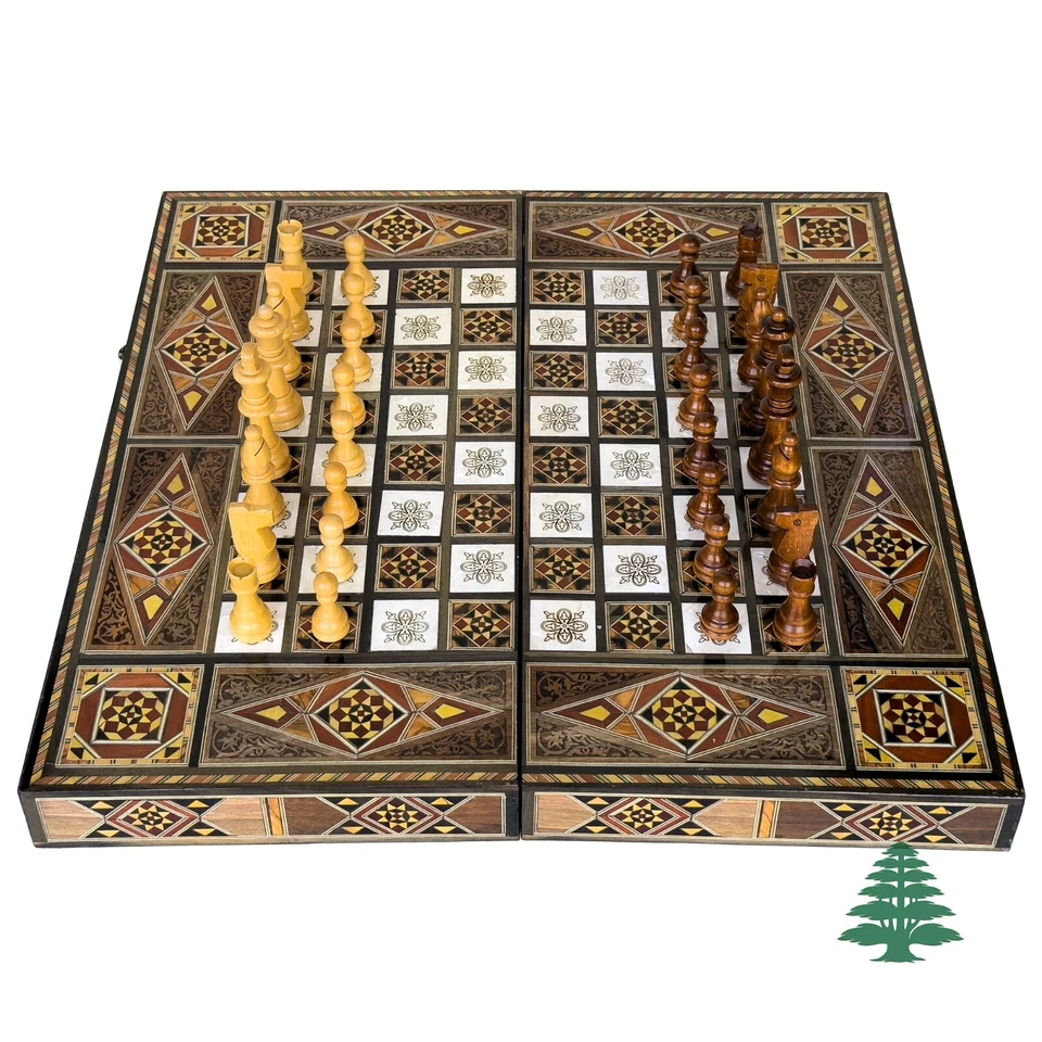 Backgammon Board and Chess Set From Lebanon Engraved with Mother of Pearl Inlays - Image 4 of 4