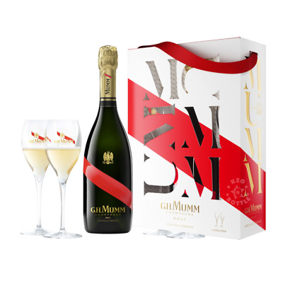GH MUMM CHAMPAGNE BRUT GRAND CORDON FRANCE W/2 FLUTE FESTIVE GIFTSET 750ML