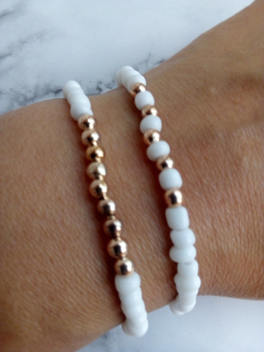 Rose Gold white bracelet SET of Boho Dainty 4mm seed beaded