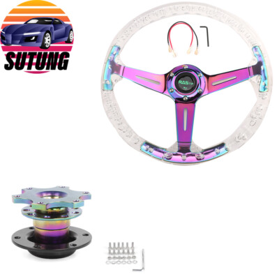 350mm 14'' Deep Dish Acrylic Racing Steering Wheel Neo Chrome Spoke Quick Release