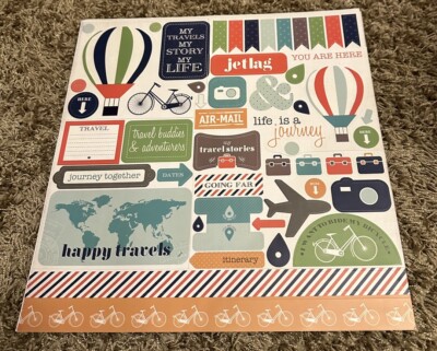 Carta Bella TRAVEL STORIES 12x12 Sticker Sheet Hot Air Balloon Map Bike Plane