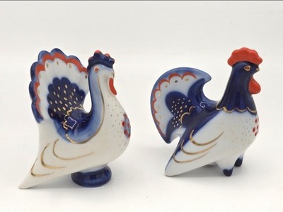 Vintage LFZ Cobalt Porcelain Set Rooster Salt & Pepper Shakers 1970-1989 USSR