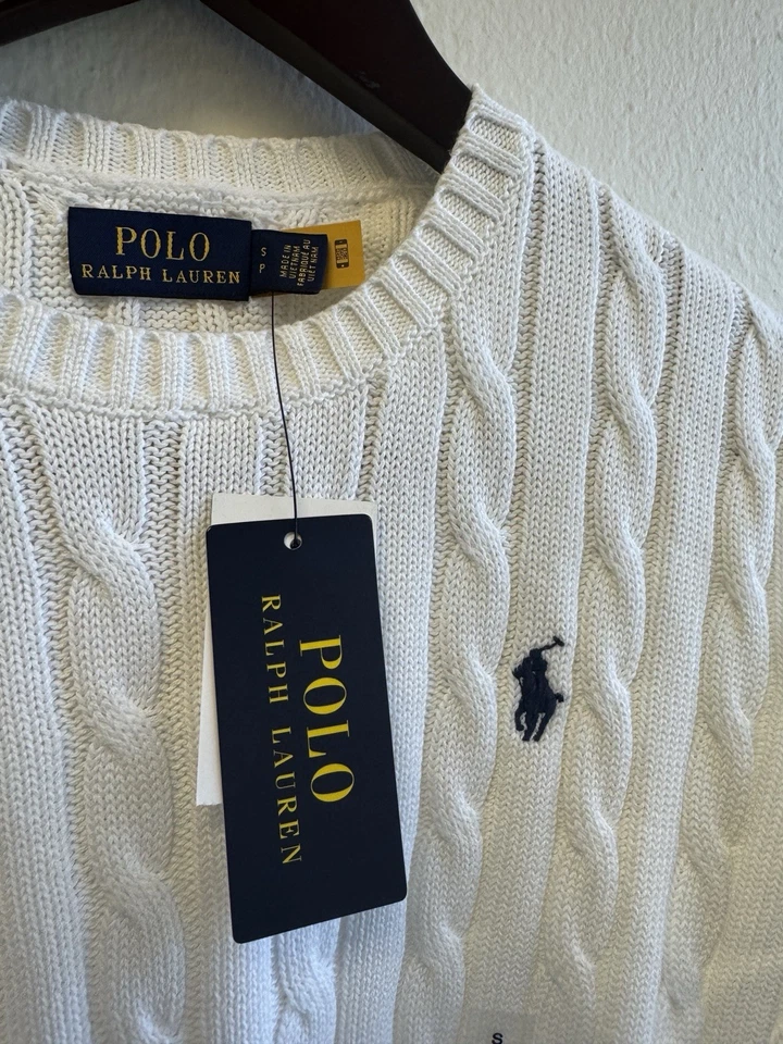 Suéter feminino novo com etiquetas tamanho S/Polo Ralph Lauren algodão malha cabo branco - Imagem 3 de 4