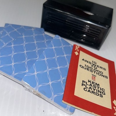 KEM Plastic Playing Cards Double Deck Set Blue Lattice Vintage w/ Case USA