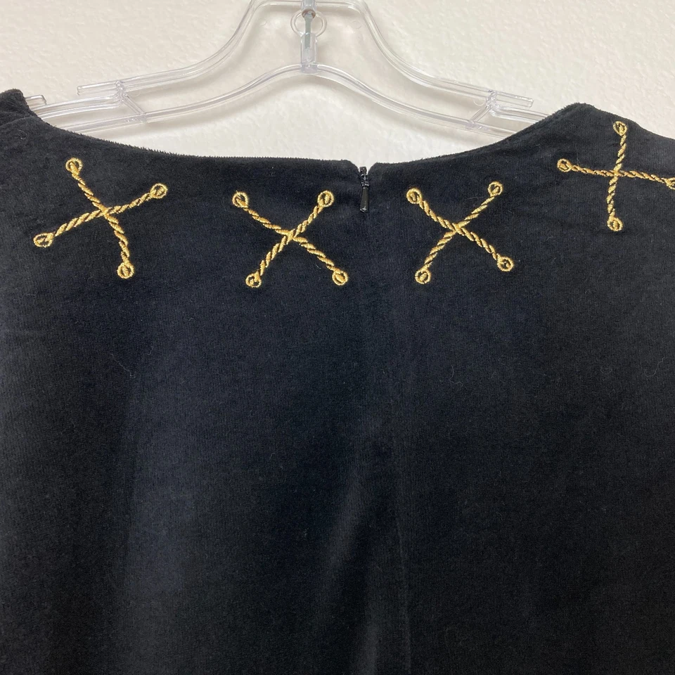 Bloomingdale's 复古 Shift 迷你连衣裙 M-L 码黑色天鹅绒金色细节背面拉链 — 第 4/4 张图片