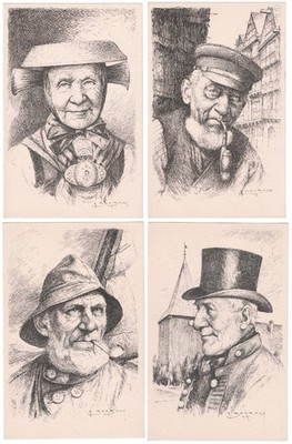 Mixed lot of 4 old artist postcards Hamburg types, signed Franz Bombach, ungel.