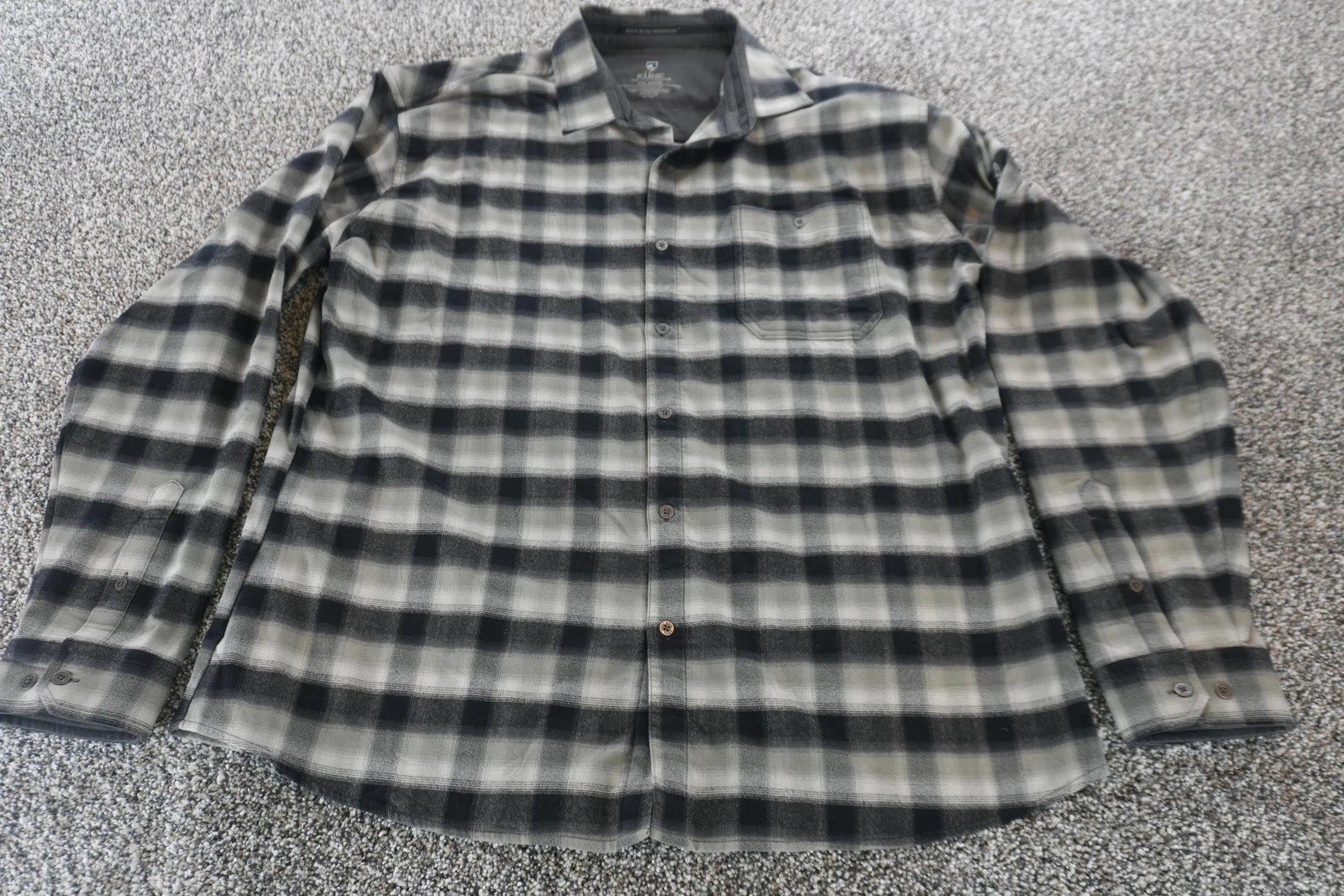 Kuhl Shirt Mens 2XL Gray Black Plaid Button Front Long Sleeve Outdoor Flannel
