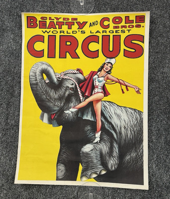 Vtg Clyde Beatty Cole Bros Circus Elephant Showgirl Globe Poster Chicago 28x21