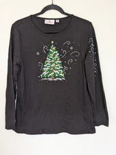 Quacker Factory Women Size S Christmas Tree Black Long Sleeve Rhinestone