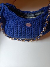 Borsa Artigianale Fatta a Mano in Fettuccia Blu Scuro - Elegante Catena Oro