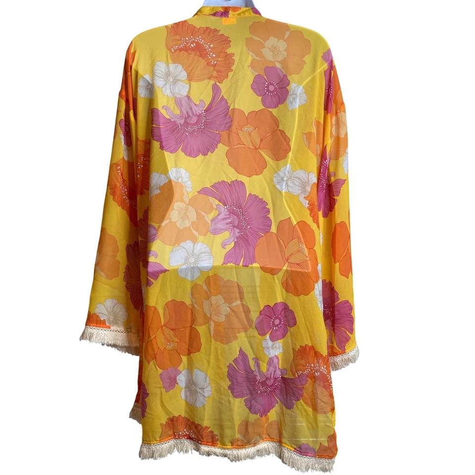 Agua Bendita x Revolve Juana Kimono One Size Fringed Yellow Funky Blooms Boho - Image 2 of 4