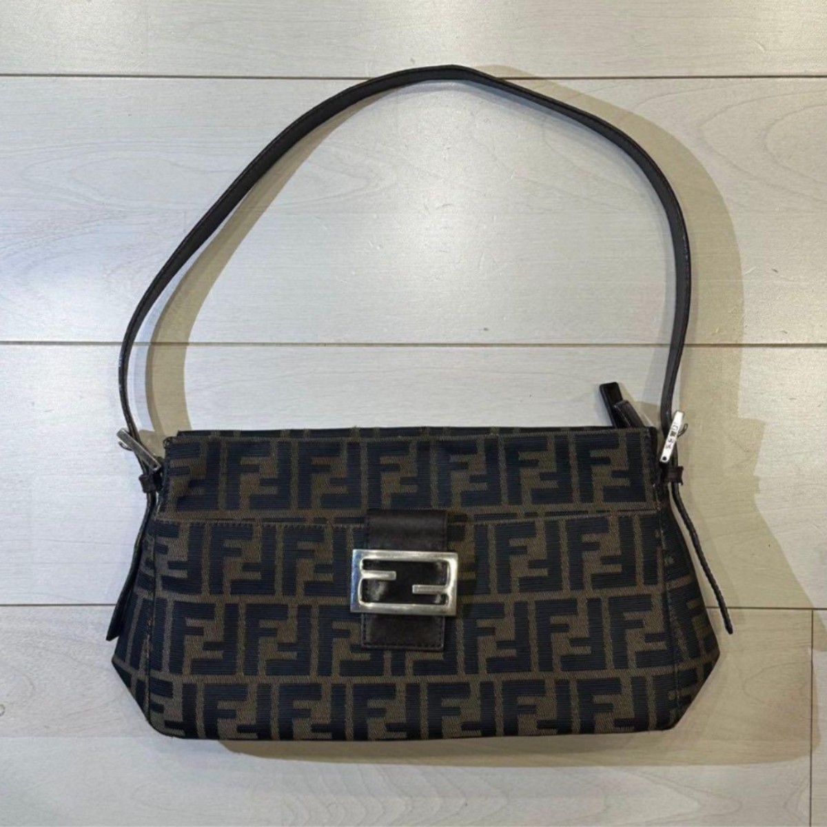 Vintage FENDI FF Monogram Zucchino Baguette Shoulder Bag Brown