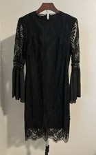 Eilly Bazar Dress Lace Black Overlay Zip Back Bell Sleeve Size Large