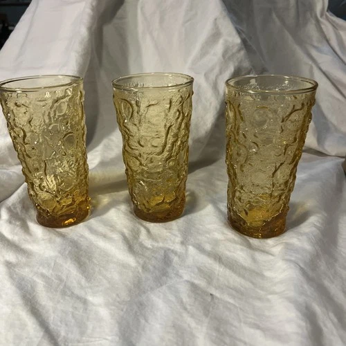 3 Vintage Anchor Hocking Lido Milano Amber Honey Gold Crinkle Glass Tumblers #3