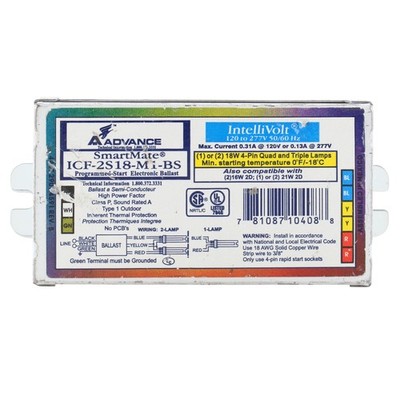 ADVANCE ICF-2S18-M1-BS COMPACT FLUORESCENT BALLAST, 2-LAMP, 18W, CFL, 120/277V