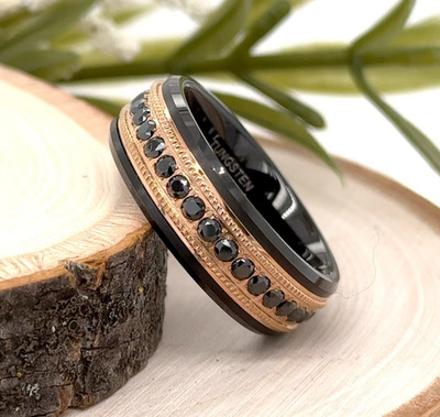 8MM Black & Rose Gold Tungsten Band CZ Stone Inlay Step Edge Ring For Christmas
