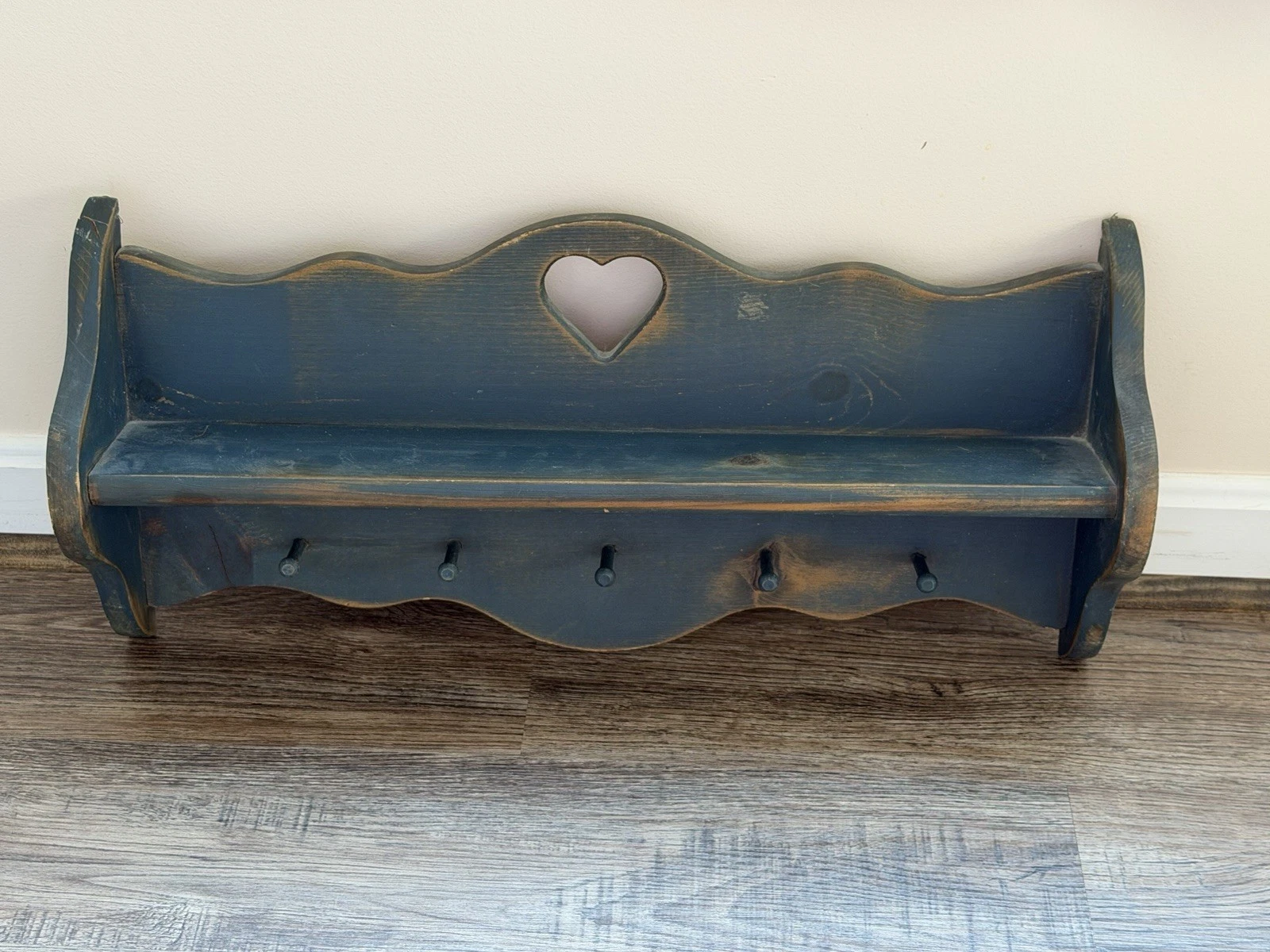 Heart Cut Out Wall Shelf W/ Pegs Blue Rustic Farmhouse Country Cottage 24” Flaw!