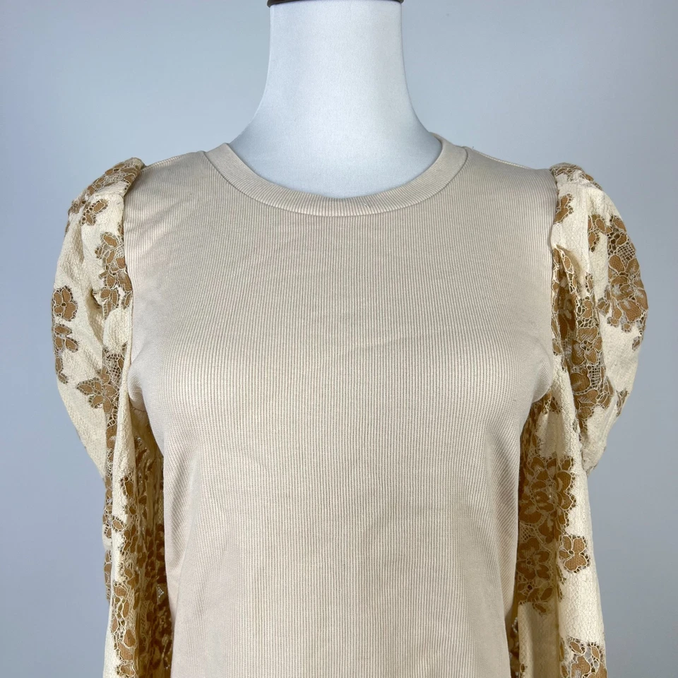 NWOT Anthropologie DOLAN Lace Puff-Sleeve Top Cream Size M Long sleeve - Image 4 of 4
