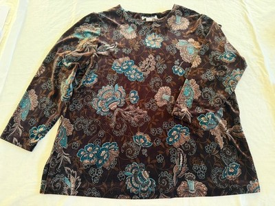 Leslie Faye 2X Brown/Turquoise Velvet Long Sleeve Blouse Top Vintage 