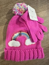 NEW Knitted Pom Beanie Gloves Rainbow Sparkles Girls Hat Fleece Lined One Size