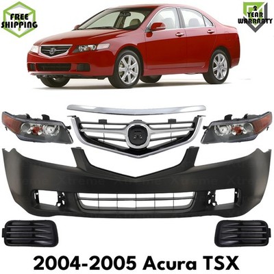 Front Bumper Cover Primed Plastic & Headlights Kit For 2004 2005 Acura TSX