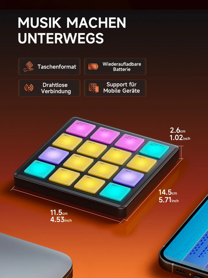 Donner STARRYPAD MINI USB-MIDI-Controller mit 16 LED Pads, Musiksoftware, Kursen - Bild 4 von 4