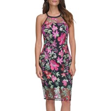 GUESS Embroidered-Floral Mesh Illusion Sheath Dress Black Pink Multi Size 4