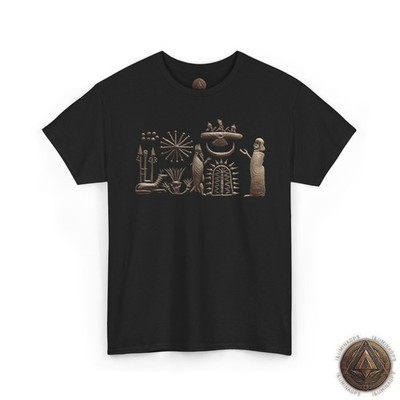 Ancient UFO T-Shirt, Winged Disc 3 Beings Mesopotamian Cylinder Seal Tee