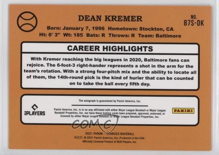 2021 Donruss Retro 1987 Signatures Pink Fireworks Dean Kremer Rookie Auto RC - Image 2 of 2