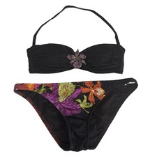 Vintage Y2K Victoria s Secret Black Bandeau Flower Gem Bikini Set Size Small