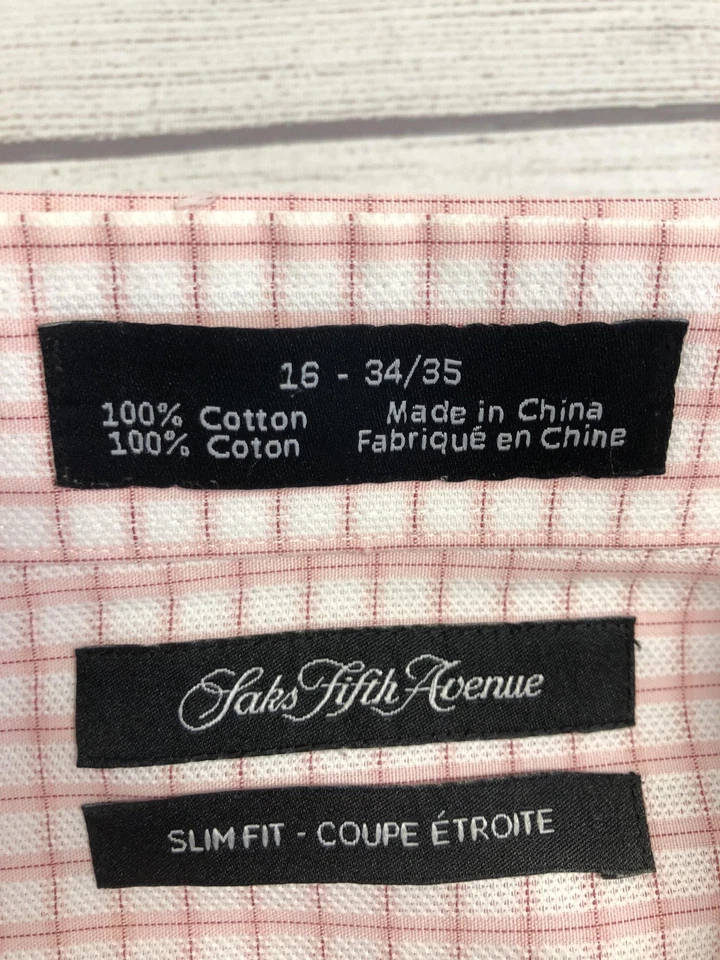 Saks Fifth Avenue Shirt Mens 16 34/35 Pink Check Slim Fit Cotton Dress - Image 4 of 4