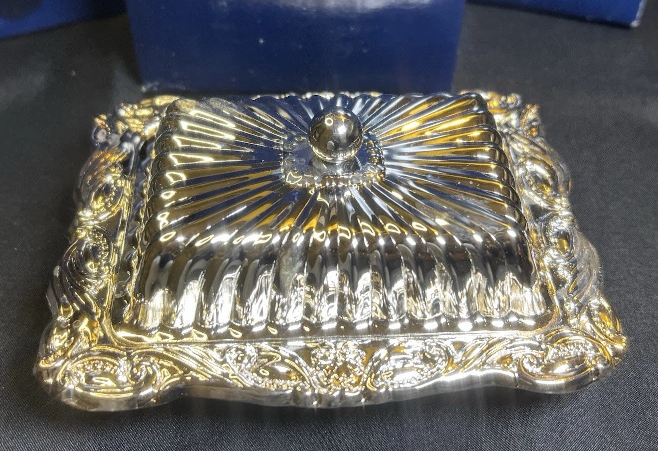 NOS Vintage Silver Plate Butter Dish Ornate with Glass Insert 4.75” Unique Size