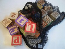 20 Vintage Children's Educational Wood Blocks ABC's Numbers Pictures in Mesh Bag