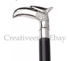 Solid SIlver Brass Eagle Head Handle Victorian Wooden Walking Stick Vintage Cane