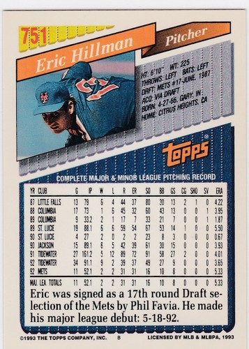 1993 Topps Inaugural Rockies #751 Eric Hillman Mets Free Shipping! - Picture 2 of 2