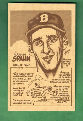 WARREN SPAHN - HALL OF FAME 1979 BOB PARKER BASEBALL CARD 3.5''X5.5'' RARE