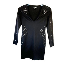 S Express Womens Black Dress Silver Grommet Rivet Stud Stretch Long Sleeve Short