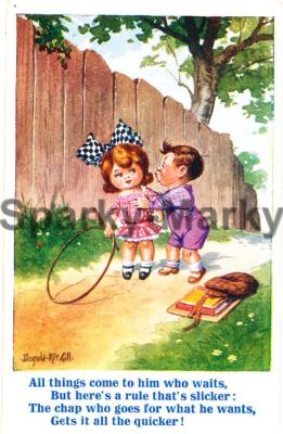 Alle Dinge kommen zu dem, der auf Donald McGill wartet Vintage Postkarte X01