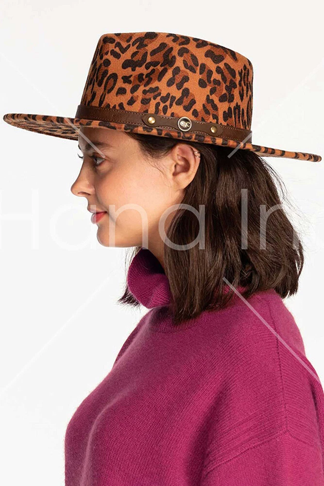 C.C Women's Classic Leopard Vegan Felt Panama Brim Hat with Leather Trim