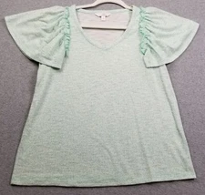 Lauren Conrad Top Womens Small  Green White Abstract Short Ruffle Sleeve Stretch