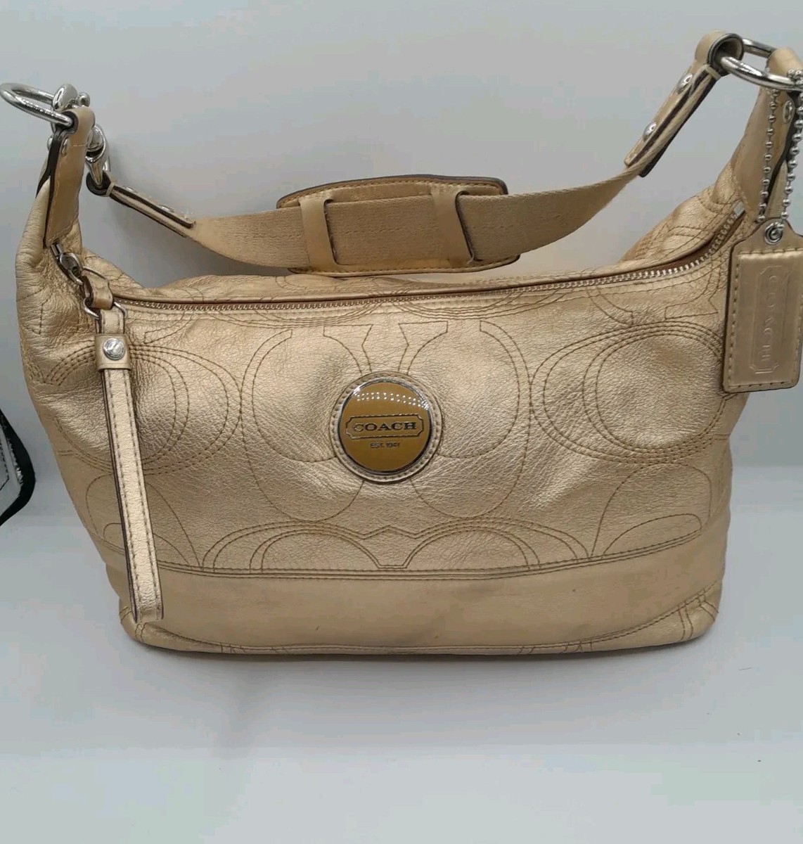 Coach Signature Stitch Gold Metallic Leather Hobo Shoulder