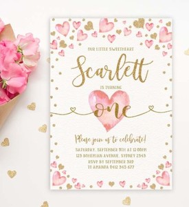 Valentines Day First 1st Birthday Invitation Pink Gold Hearts Image Is Loading Valentines Day First 1st Birthday Invitation Pink Gold
