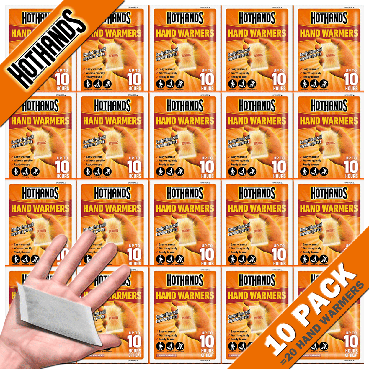 HOT HANDS 10 PAIR VALUE PACK / 10 HOUR HAND WARMERS / 10 PACK = 20 HAND WARMERS