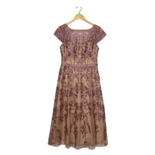 Azazie Sanna Midi Tulle A-Line Dress Size 6 Dusty Rose Champagne Floral Lace