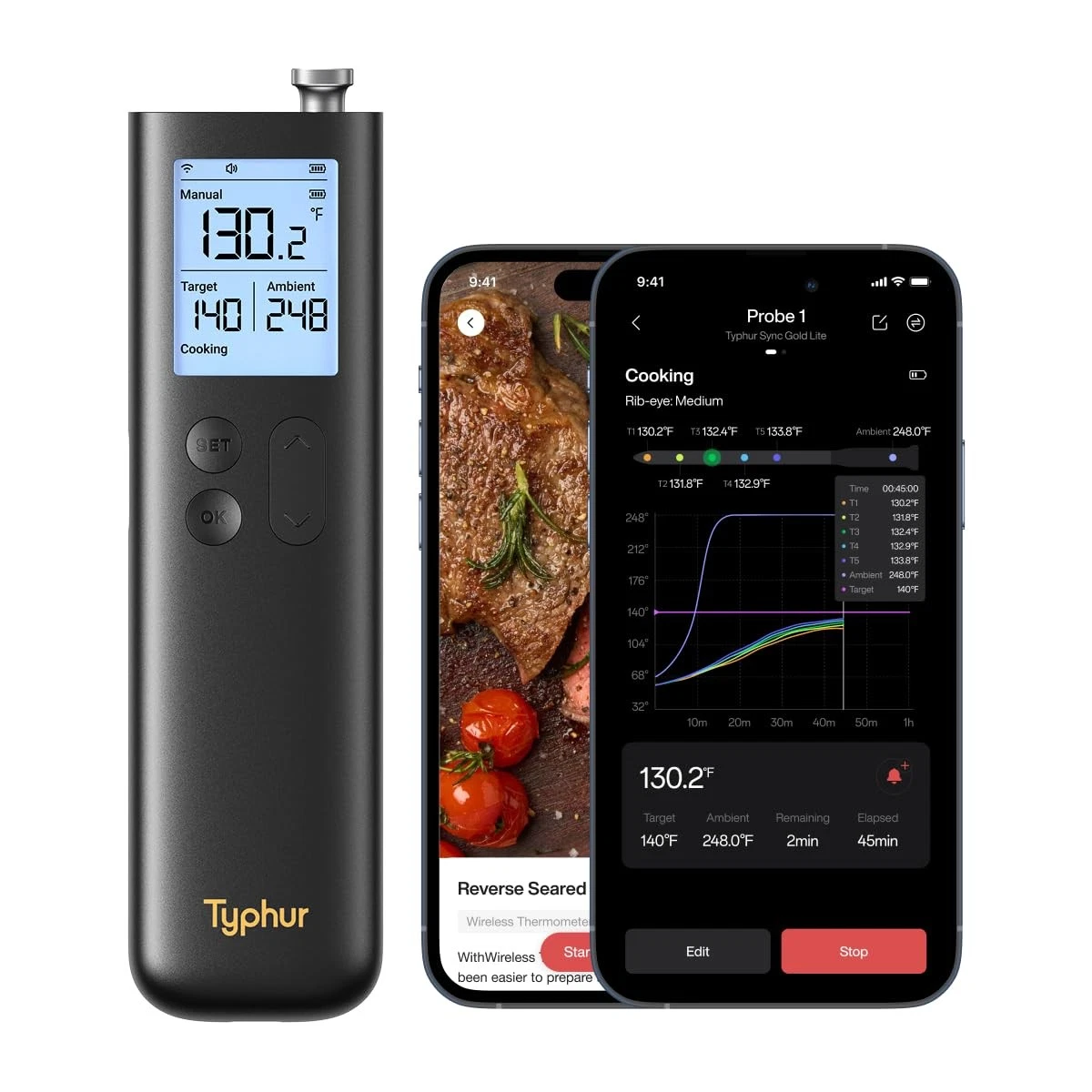 Typhur Sync Gold Wireless Meat Thermometer, Enhanced 10X Sub-1G Signal Black