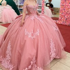 Shiny Pink Quinceanera Dresses Off Shoulder Sequins Crystal Decal Lace Bow Gowns