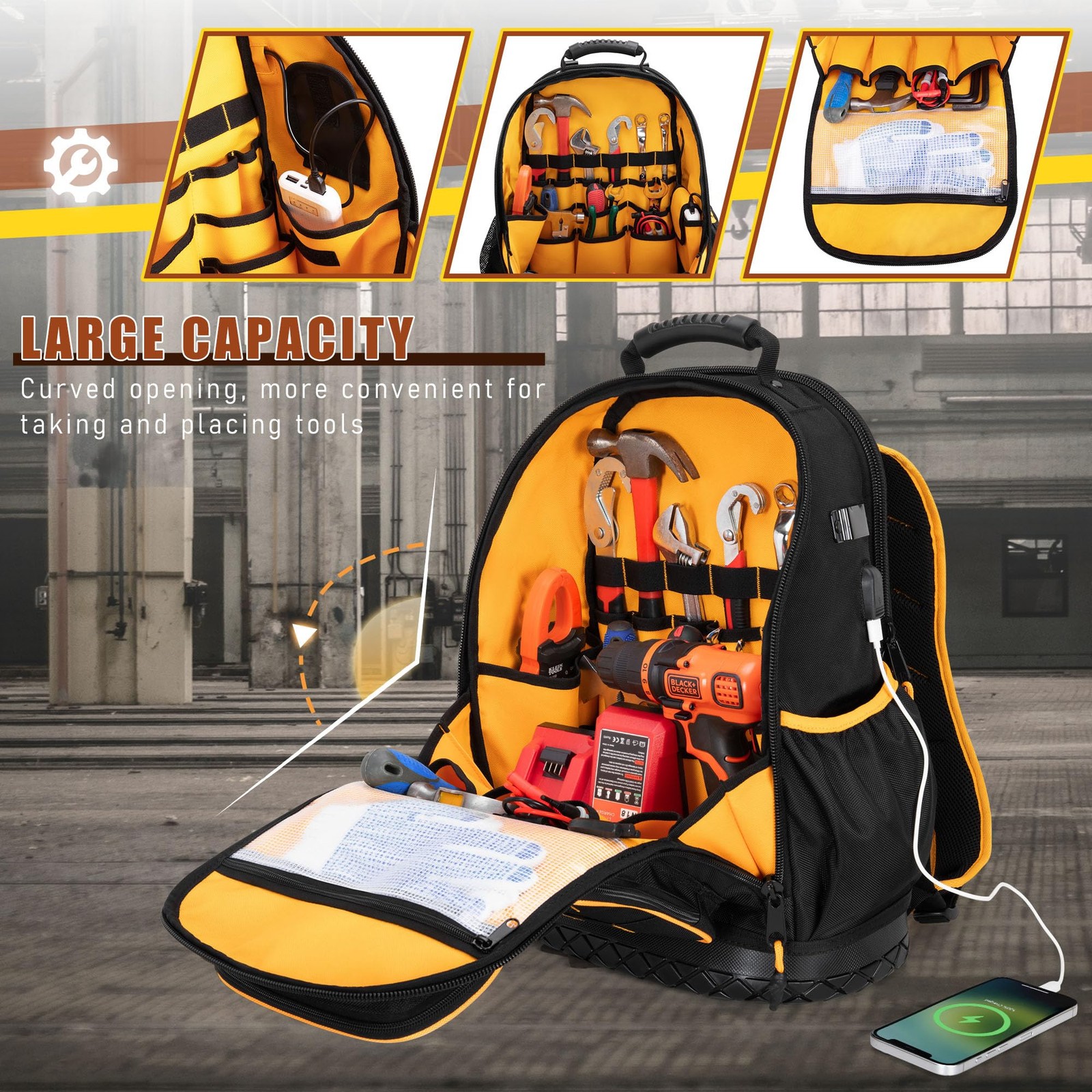 Tool Backpack with Hard Bottom and a Tool Pouch, Heavy Duty Tool Bag with Mul...