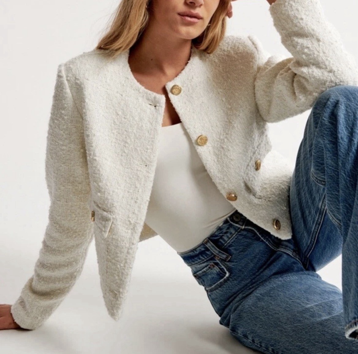 Abercrombie Fitch Collarless Tweed Jacket Cream XL
